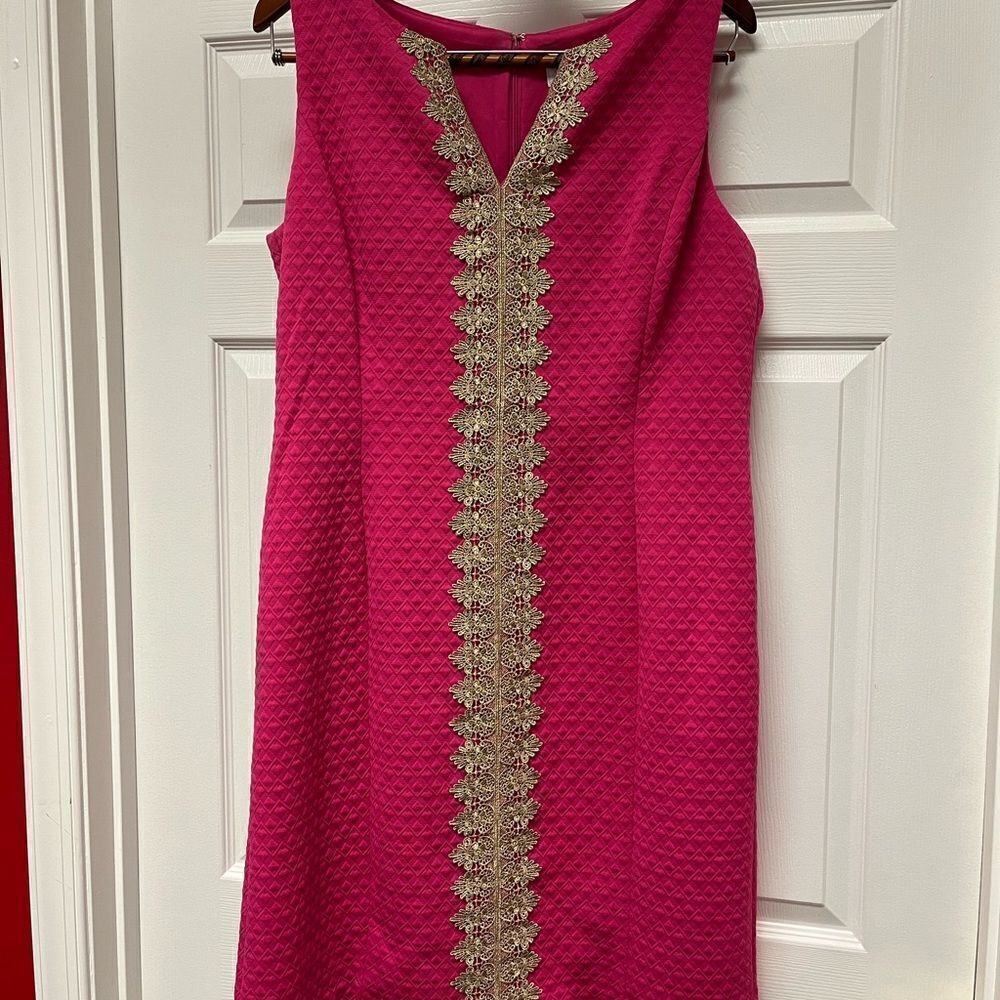 Pappagallo Fuchsia & Gold Applique Retro Sleeveless Sheath Dress sz 16 EUC